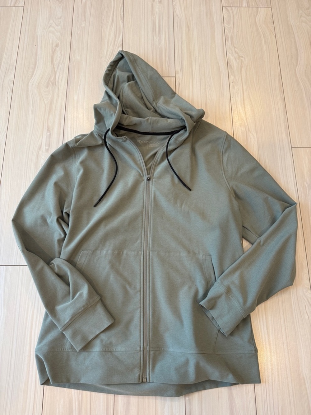 Men’s Beyond Yoga Sage Green Zip Hoodie with Black Drawcords